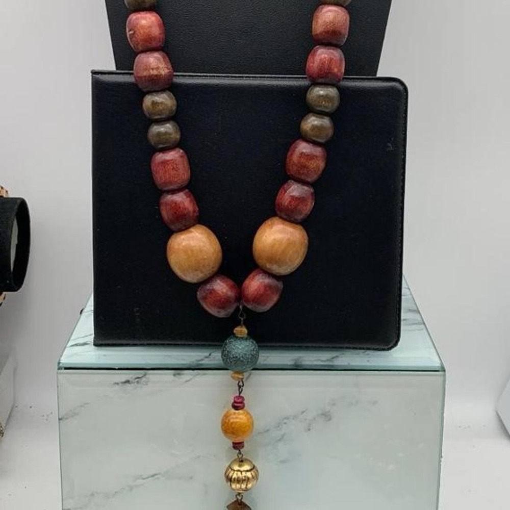 Chunky Handmade wooden beaded Y drop boho leather corded necklace